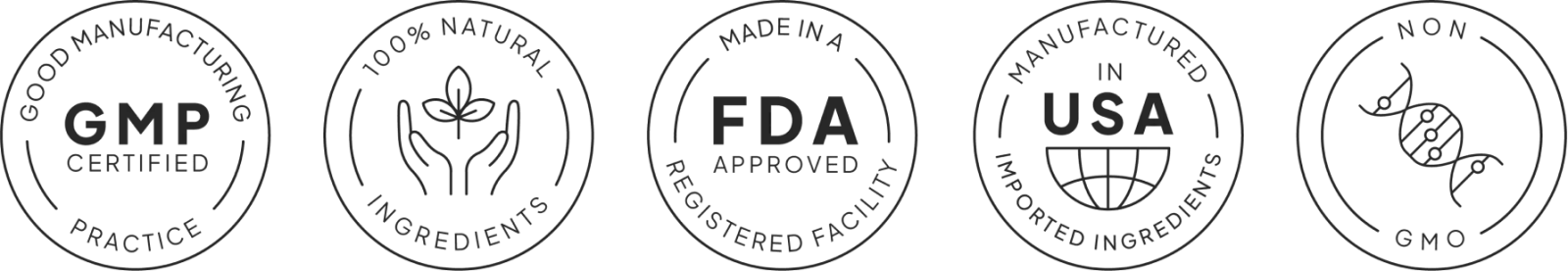 GMP Certified, FDA Approved Facility, Non-GMO, Made in USA Quality Badges